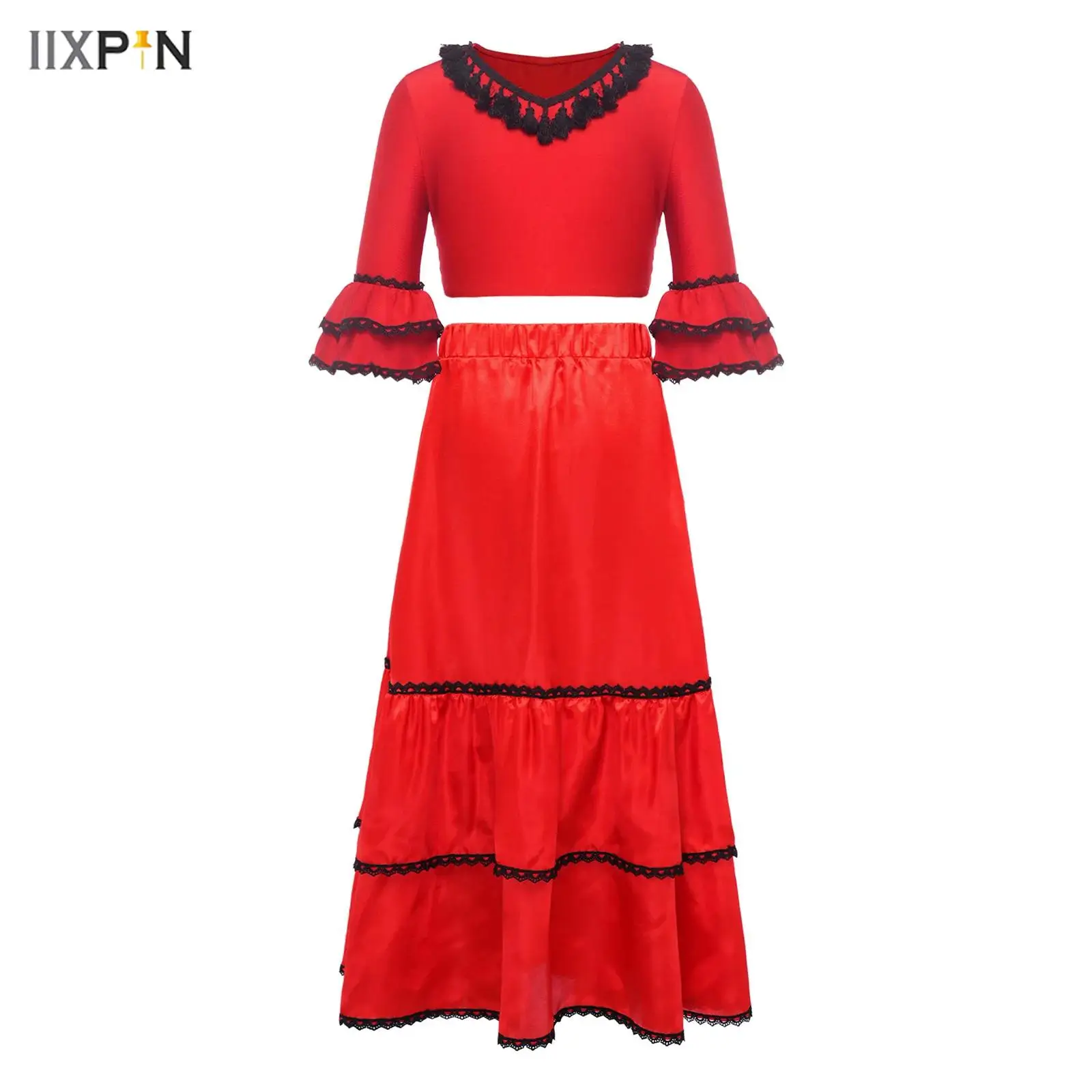

Kids Girls Spanish Flamenco Bullfight Dance Dress Crop Top with Gypsy Long Skirts Dancer Latin Tango Belly Dancewear Costume