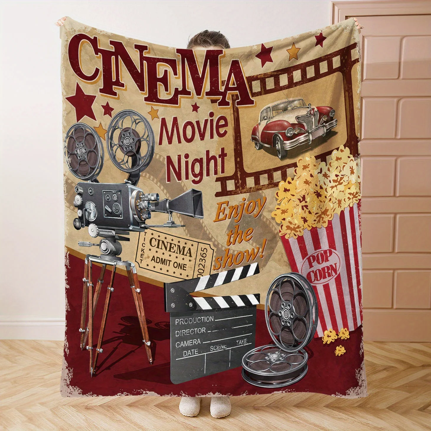Flanelldecke für Kinoelemente – Popcorn- und Retro-Projektordruck |   Weicher, bequemer Überwurf für Bett, Sofa, Büro, Camping