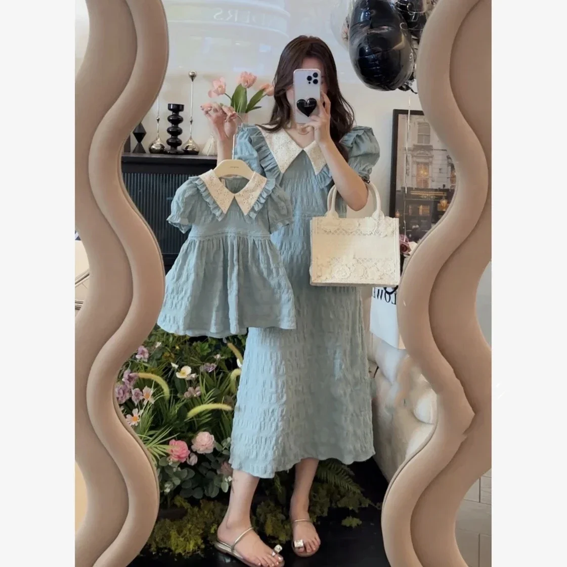 

Mom and Daughter Elegant Blue Dresses 2025 Mother and Baby Girls Equal Delicate Short Sleeve Dress Parent-child Matching Clothes