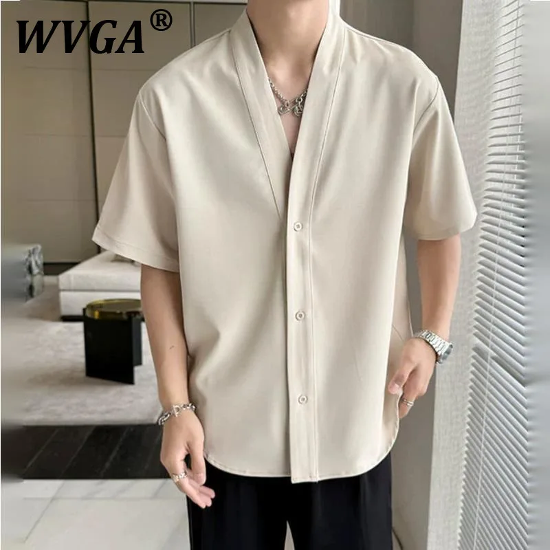 

WVGA Spring Summer New Man Korean Style Simple High-End Short Sleeve V-Neck Shirts Niche Chic Casual Ice Silk Draped Shirt W9171