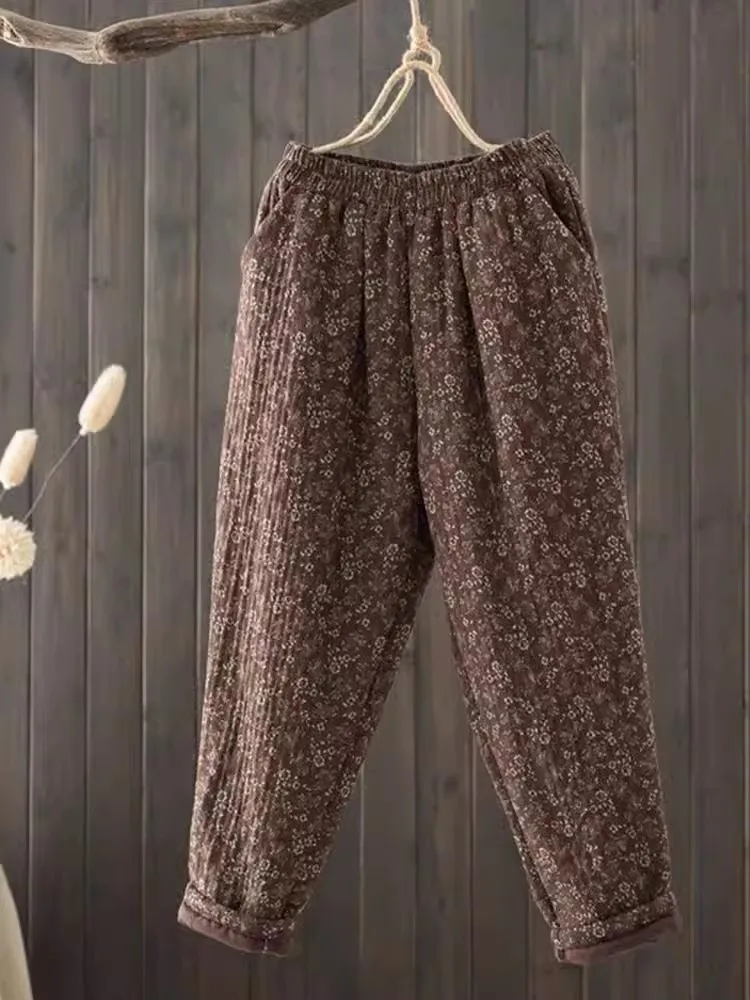 Pantalones acolchados de algodón para mujer, pantalón grueso y cálido con estampado Floral, estilo Harem Vintage, invierno, 2024