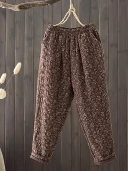 Pantaloni imbottiti in cotone floreale vintage mamma di mezza età 2024 Nuove donne invernali Pantaloni Harem termici trapuntati caldi e spessi Pantalones