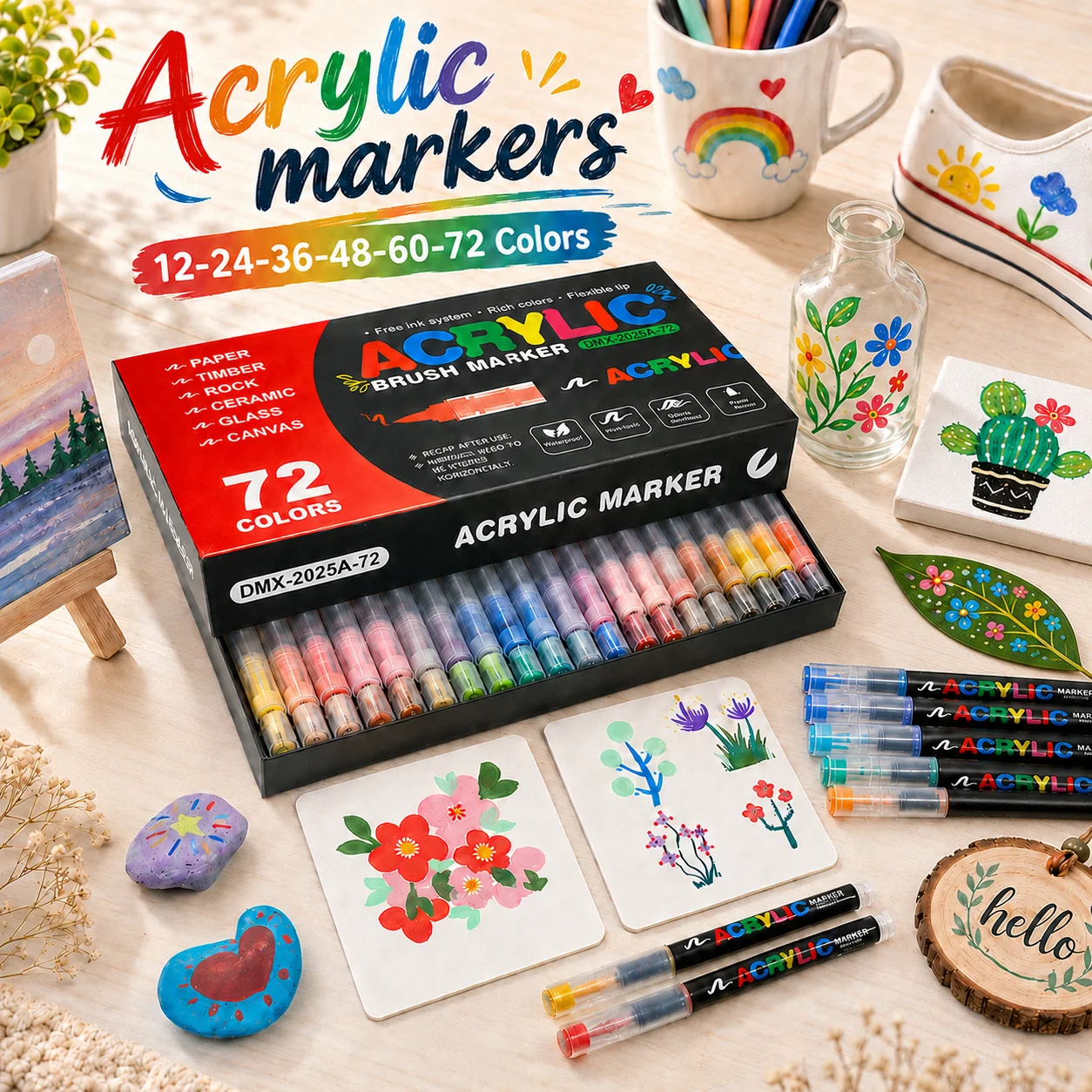 

12-60 Colors Acrylic Paint Markers, 1-5mm Soft Tip Paint Pens for Shoes, Wood, Glass, Ceramic, Leaves DIY