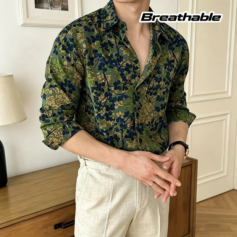 Men's Long-Sleeved Collared Shirt, Floral Print, Breathable, Plus-Size, Casual, Trendy, lightweight Cardigan Top.