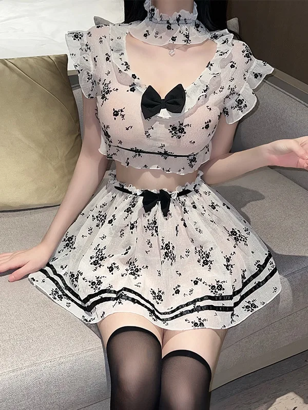 Lace Perspective Lotus Leaf Sleeve Loose Skirt Set Fragmented Flowers Female Clothes Hot Comfort Sweet Girl Two Piece Set F73P