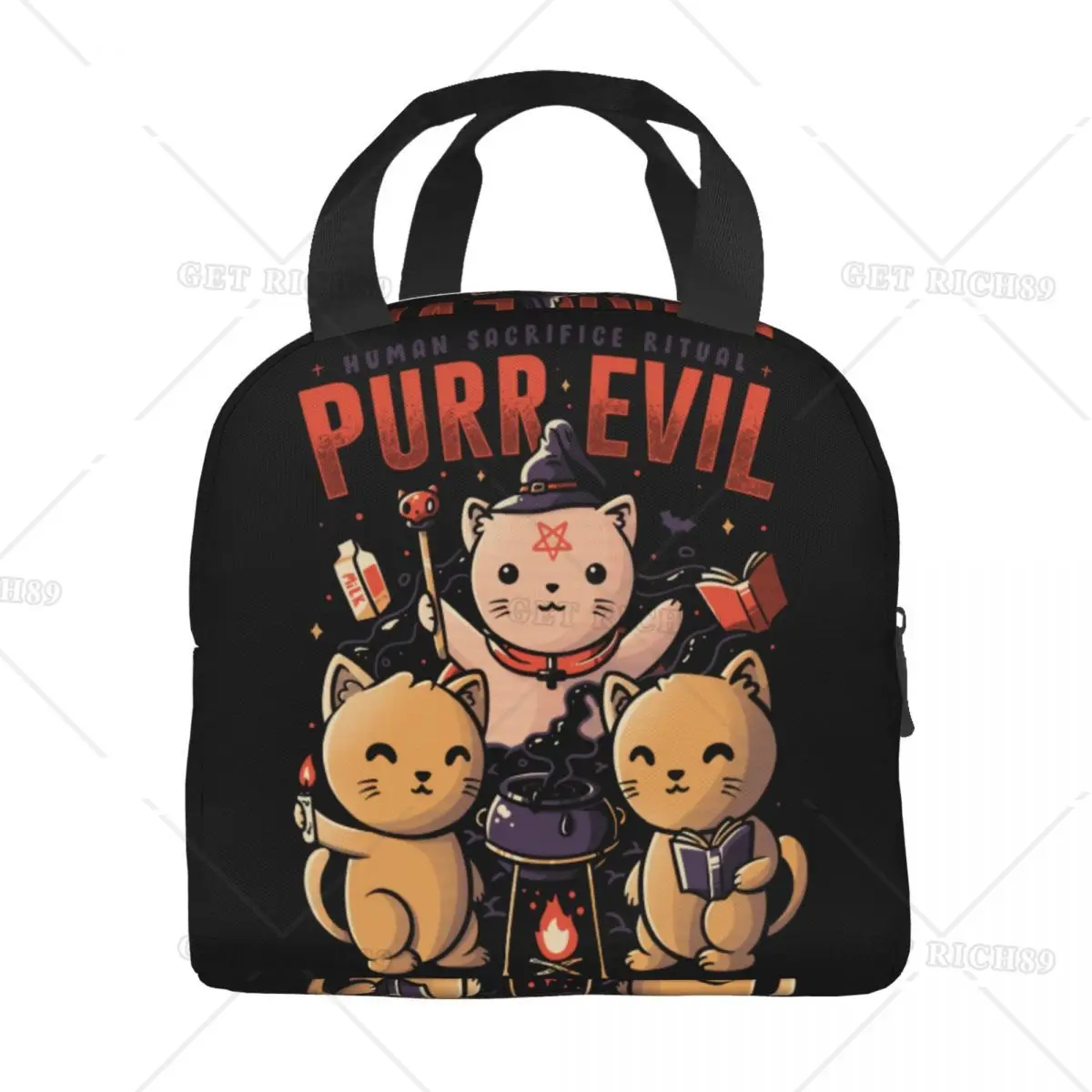 Satanic Witch Cat Insulated Lunch Bag Waterproof Thermal Cooler Lunch Box with Side Pocket for Women Men Kids Camping Travel