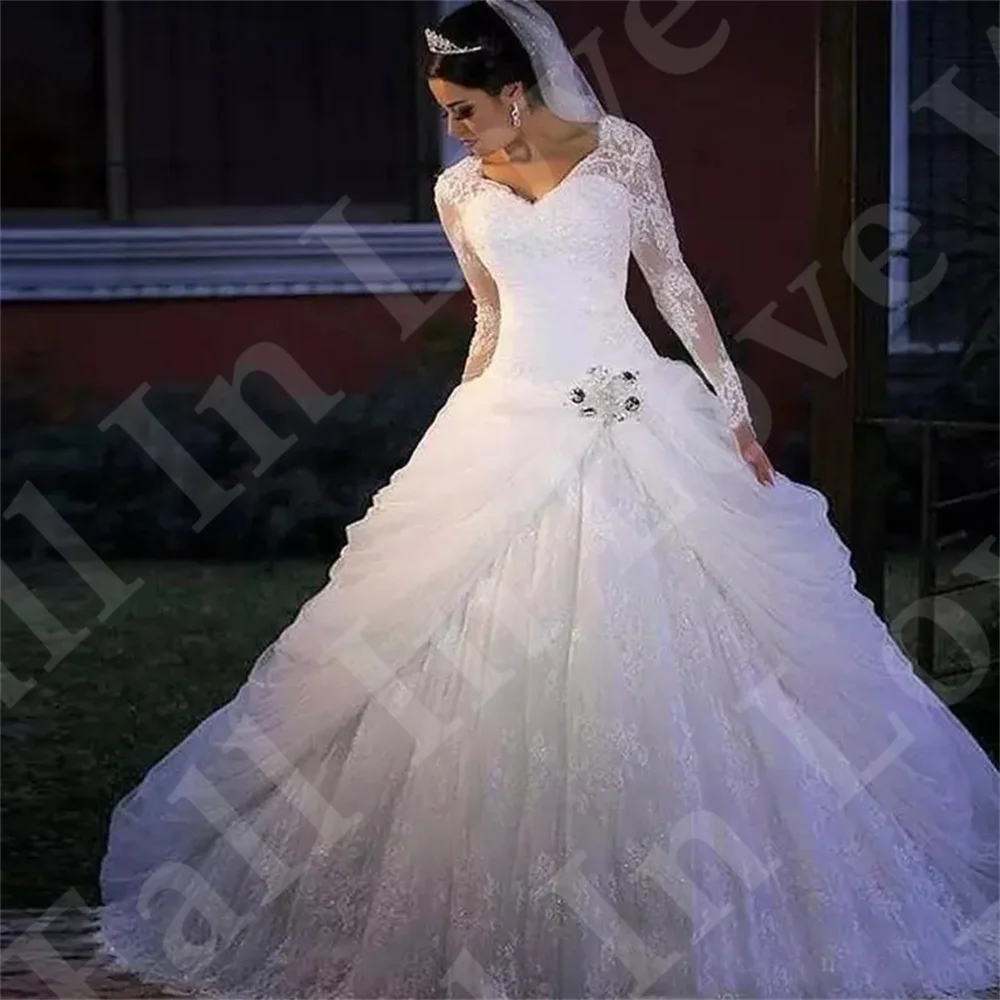 Robe de Mariée de Luxe en Dentelle et Tulle, Tenue Longue à Manches sulf, Col en V, Coupe Trapèze, Style Moderne, Grande Taille, 2024