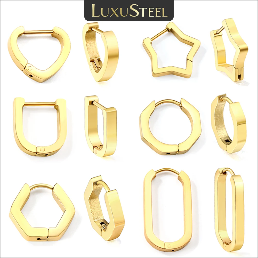 LUXUSTEEL Geometric Square Star Heart U Shape Hoop Earrings For Women Men Golden Sliver Color Stainless Steel Retro Piercing