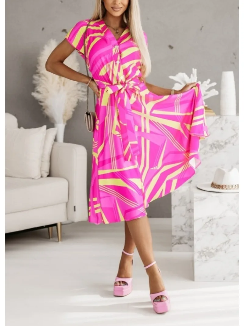 女性用Vネックの膝丈ドレス,ファッショナブルなプリントベルト,半袖,カジュアル,ボタン付き