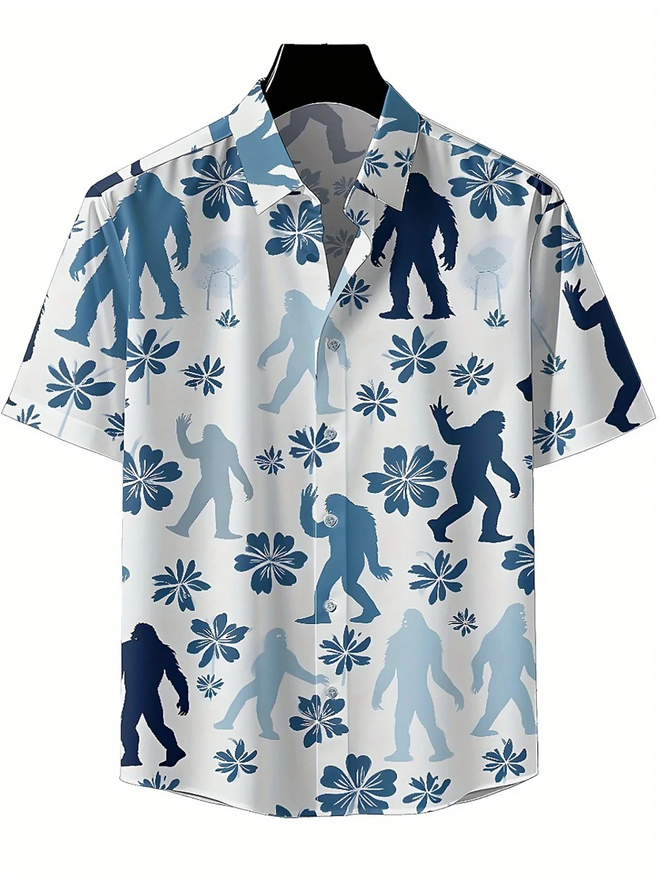 Men's Plus Size Hawaiian Shirts Sasquatch and Flowers pattern,Unisex Baggy Aloha Shirts,summer Alternative Clothing