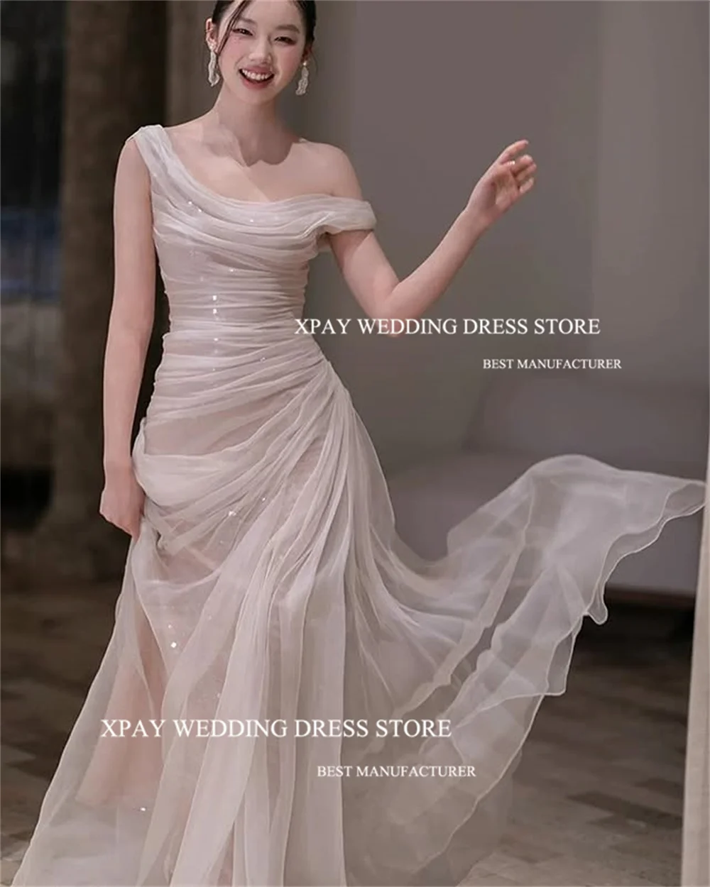 XPAY เงาโมเดิร์นทูลล์ชุดเดรสปาร์ตี้งานแต่งงานนางเงือกไหล่เดียวจีบชุดราตรียาวชุดปาร์ตี้อย่างเป็นทางการที่กำหนดเอง