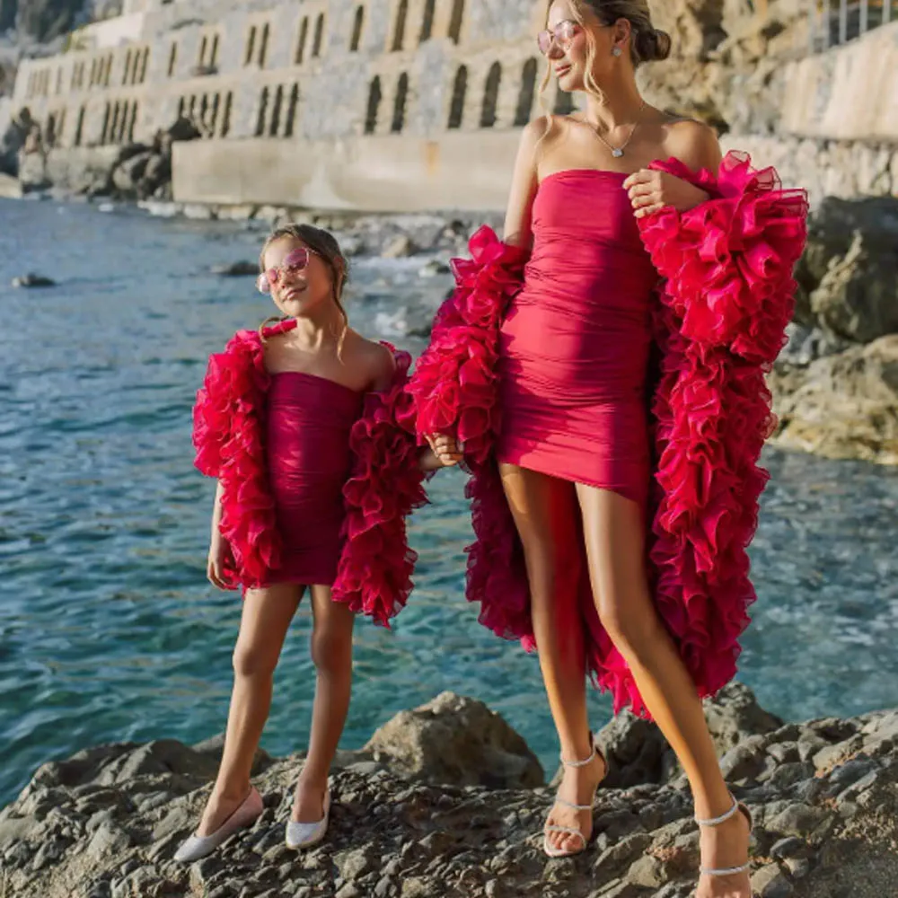 

Fuchsia Two Pieces Sheath Dress With Ruffles Cape Mother and Daughter Dress Chic Mommy and Me Dresses Birthday Family Look