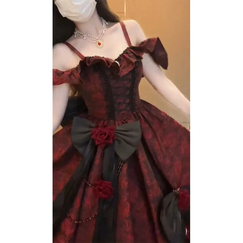 검은 색과 빨간색 로리타 여성 웨딩 드레스 우아한 화려한 공주 드레스 여성을위한 높은 허리 라인 맥시 드레스