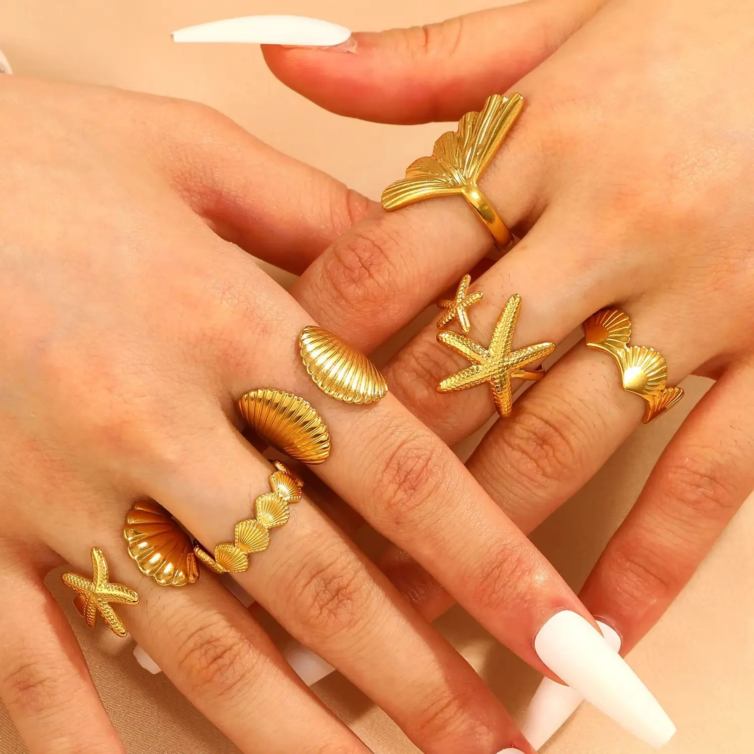 1 قطعة/الوحدة الفولاذ المقاوم للصدأ نجم البحر شل خواتم مقاوم للماء قابل للتعديل حلقة مفتوحة للنساء الصيف شاطئ البحر Colorfast مجوهرات هدايا