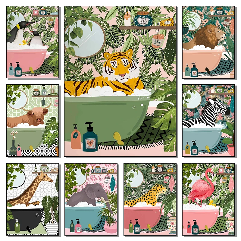 Animal Tiger Lion in Bathtub Botanical Poster Print Tropical Jungle Nordic Wall Art Picture Canvas Painitng Home Bathroom Dec