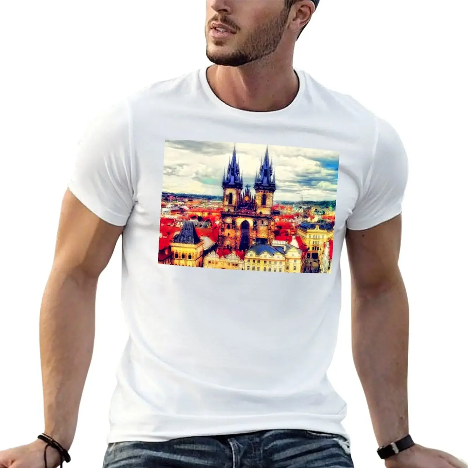 Prague Church Of Our Lady Before Tyn Watercolor T-Shirt quick drying quick-drying designer t shirt men