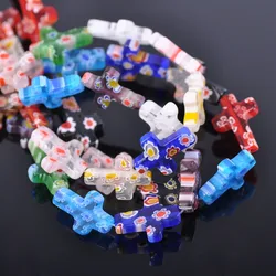 10pcs Random Mixed Flower Patterns Corss Shape 13x18mm Millefiori Glass Lampwork Loose Beads For Jewelry Making DIY Findings