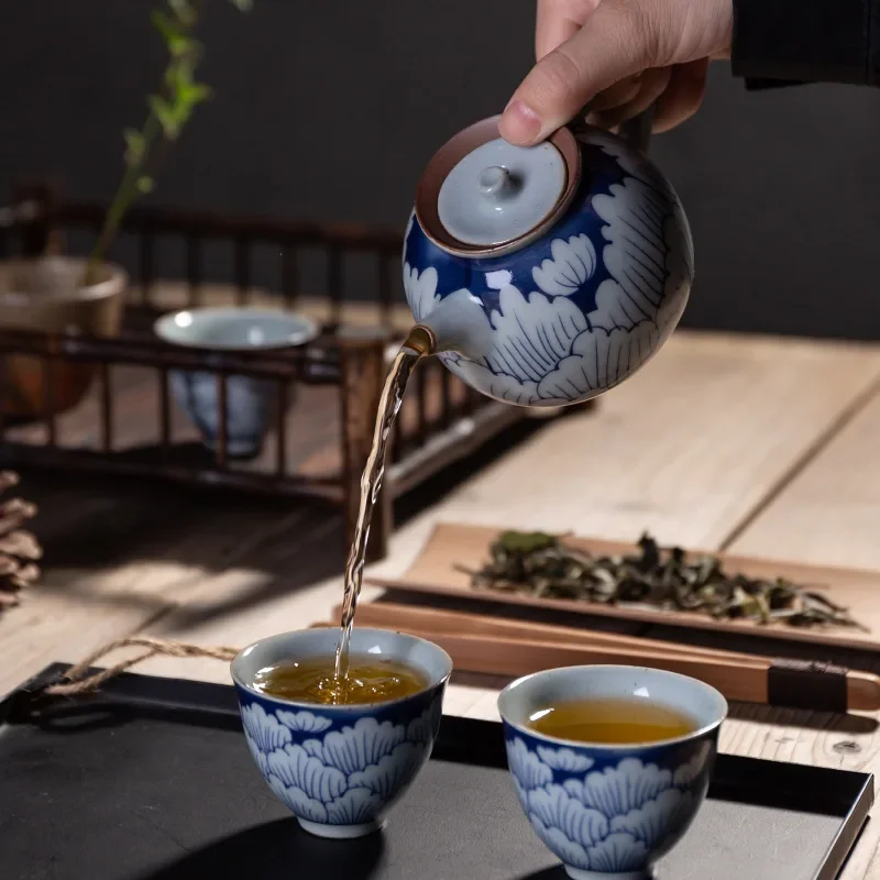 Blue-and-White Teapot Japanese Stoneware Cup Kung Fu Tea Household Ceramics Queen Sancai Cup Ceramic Tea Pot  Tea Set Siteel