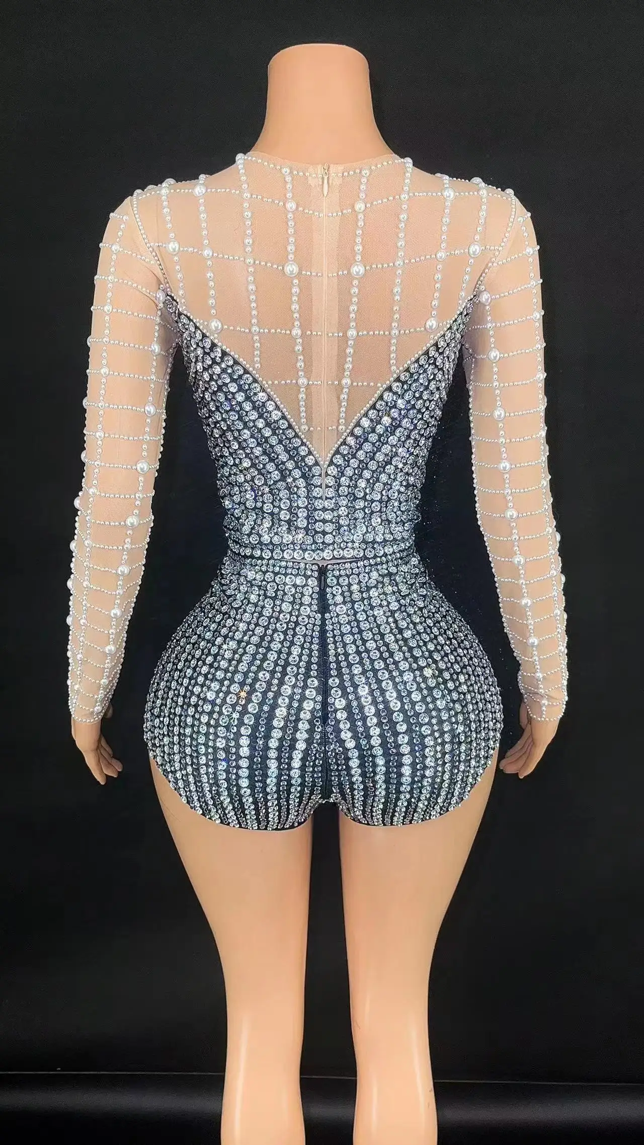 Sparkly Rhinestones Long Sleeve Mesh Transparent Bodysuit Sexy Dance Costume Performance Club Leotard Stage Wear