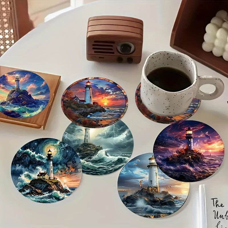 Coastal Lighthouse Theme Wooden Coaster Desktop Protection Home Decor Restaurant Bar Coffee Shop Office Decor 2D 6PCS 10CM