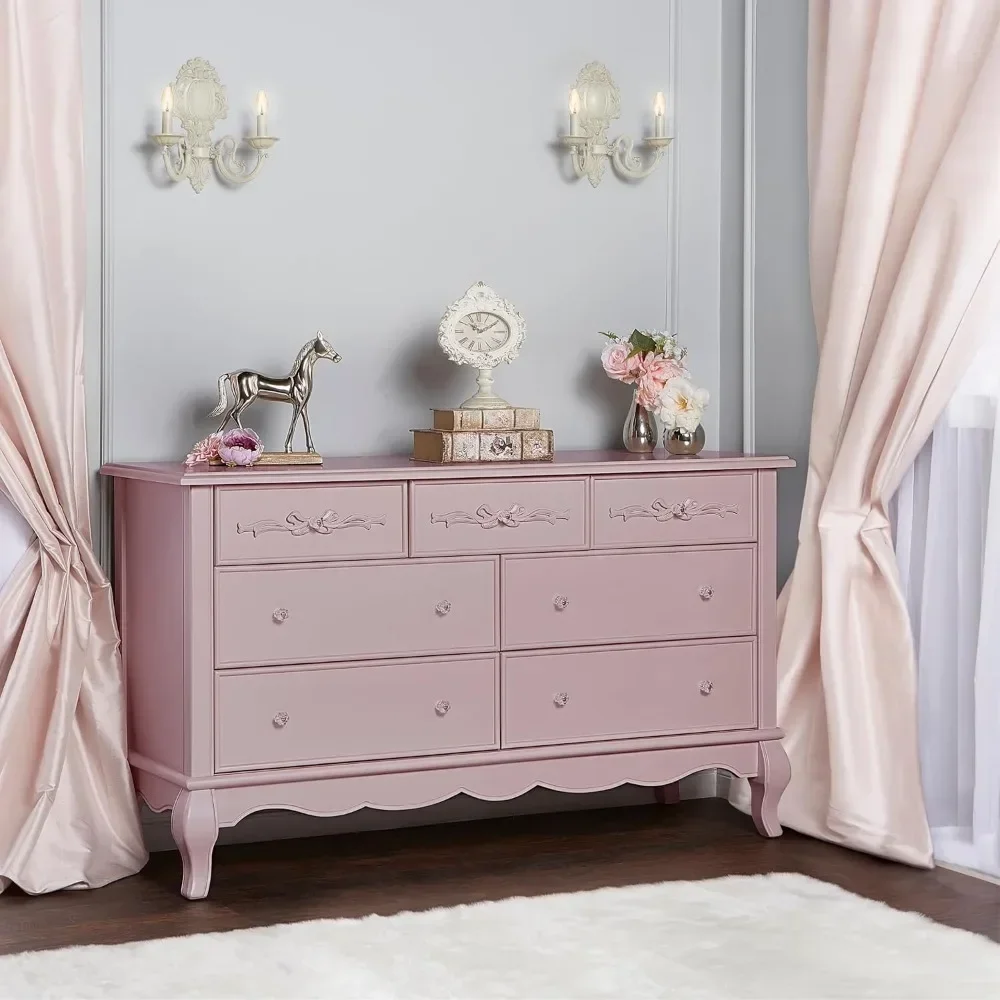 

7 Drawer Double Dresser, Dusty Rose The bedroom storage cabinet has a large capacity and is suitable for bedrooms, offices