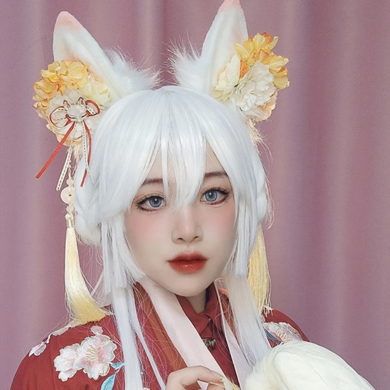 Furry สุนัขจิ้งจอกหูแมวสาว Cosplays เครื่องประดับผมน่ารักตุ๊กตาหู Headwear ดอกไม้ตกแต่งบทบาทเล่น