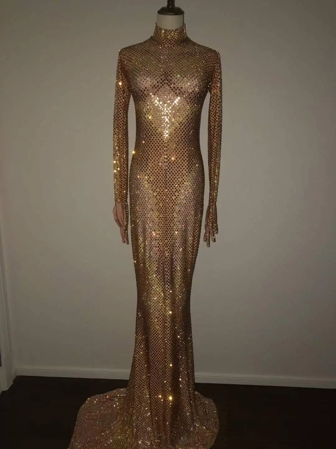 

Gold Sparkly Full Rhinestone Long Floor Length Dress Women Birthday Party Evening Wedding Queen Outfit Drag Stage Wear Costume