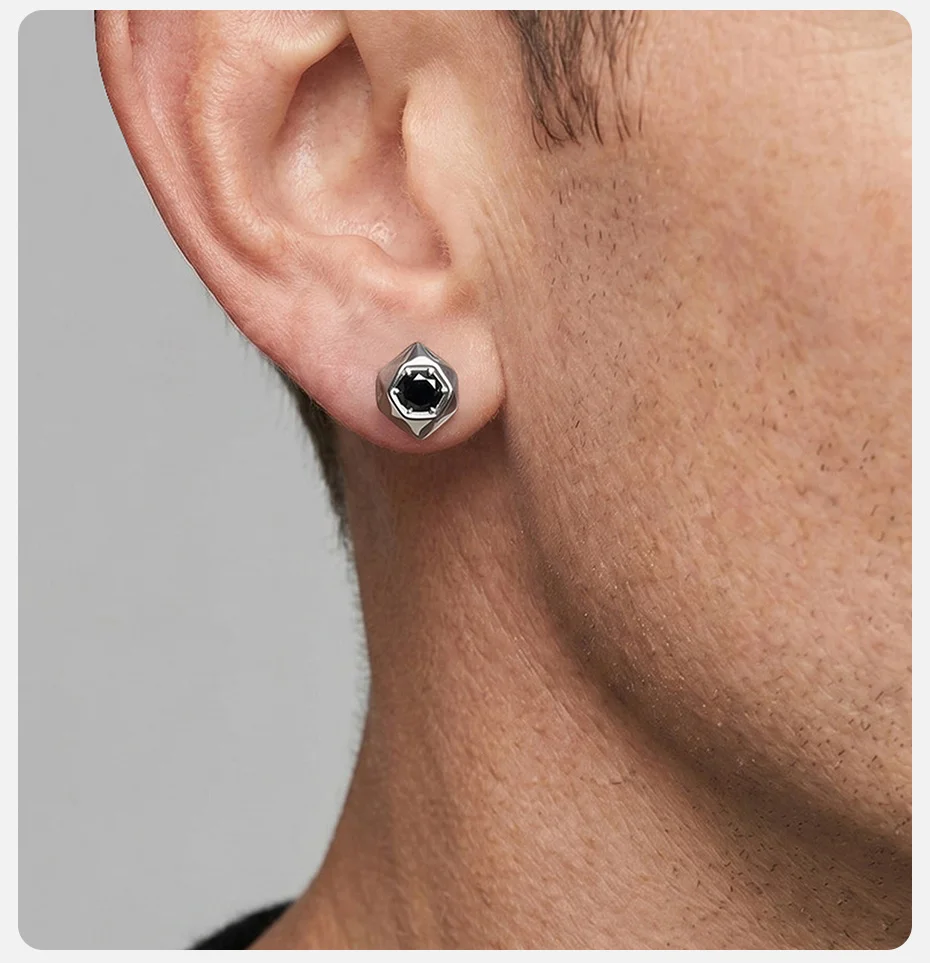 Vnox Edelstahl-Ohrstecker mit schwarzem Zirkon, geometrisch, für Herren, unregelmäßiger Sechseck-Ohrstecker, Einzelpaar, Punk-Schmuck, Geschenk – Detail 3