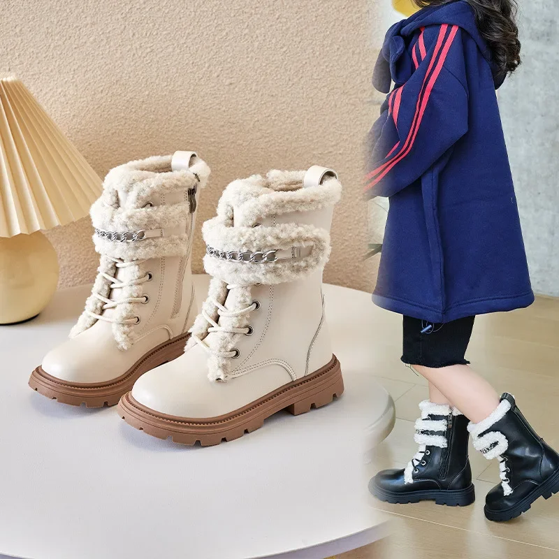 Children\'s Cotton Boots Autumn and Winter Kids Fashion Girls Snow Boots PU Elegant PU Soft Retro Warm Boys Ankle Boots Platform