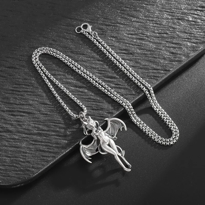 New European  American Retro Gothic Unique Creative Halloween Anime Halloween Bat Wings Girl Comic Pendant Silver Necklace
