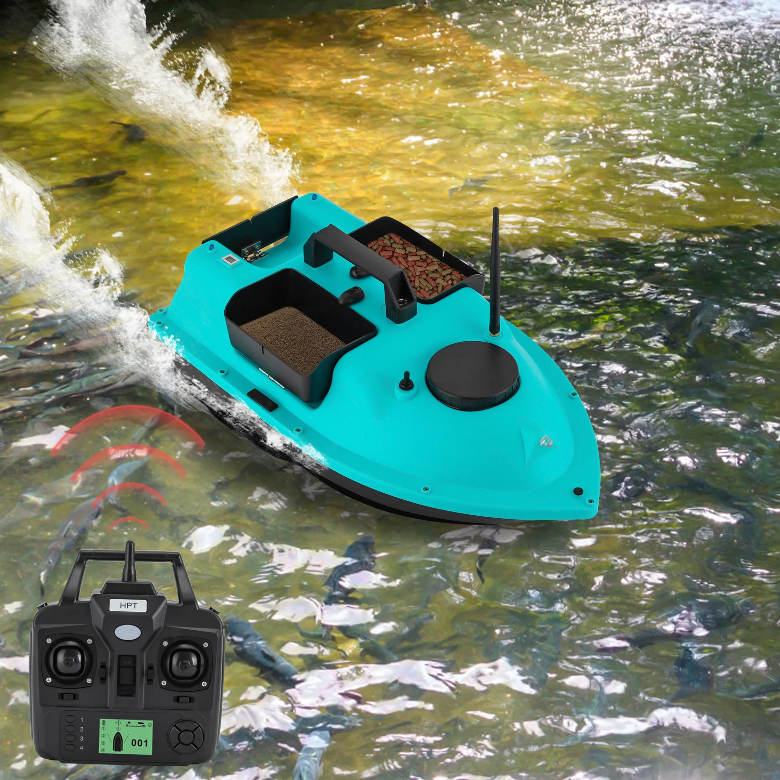 52W Dual Motor Fishing Bait Boat 10000RPM 3 Bins 3.3lbs Capacity Auto Return GPS Remote Control 2000ft Range for Lakes Rivers Sea Angling