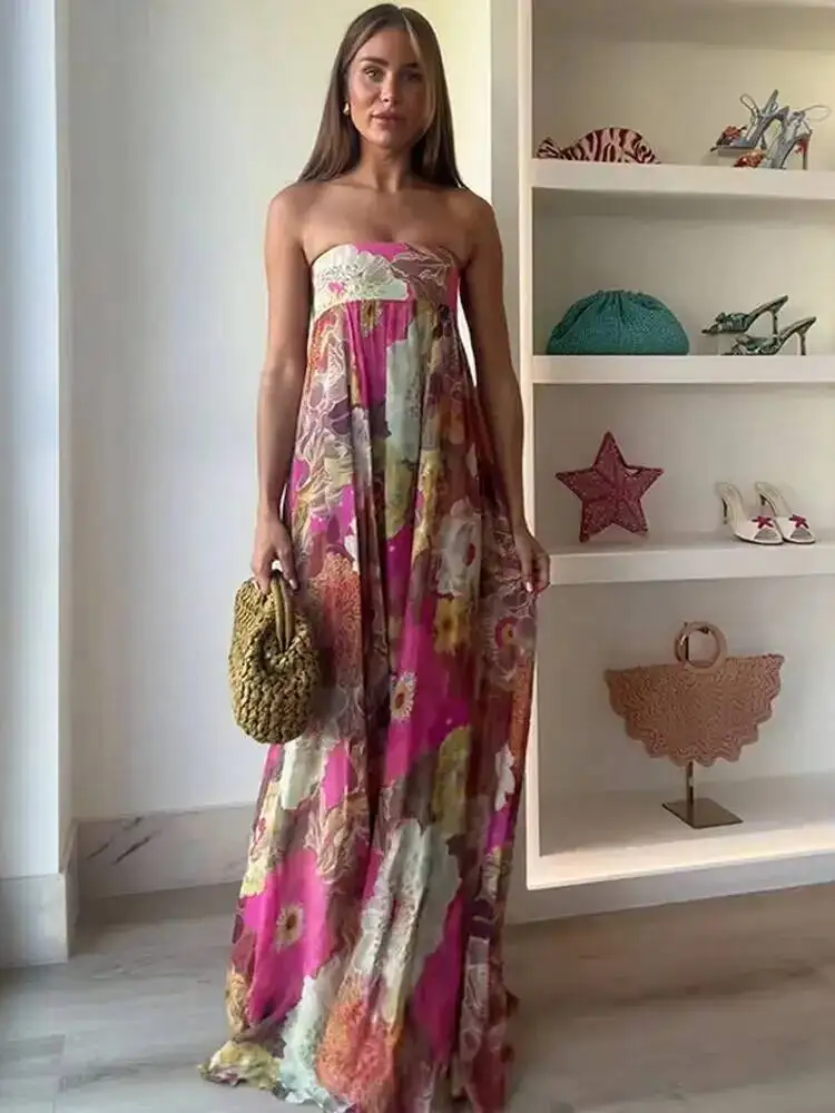 Eleganckie, plisowane sukienki bez ramiączek z nadrukiem, damskie, nowe, bez rękawów, z odkrytymi ramionami, długie sukienki maxi, letnie, eleganckie sukienki na bal, imprezę, damskie vestidos.