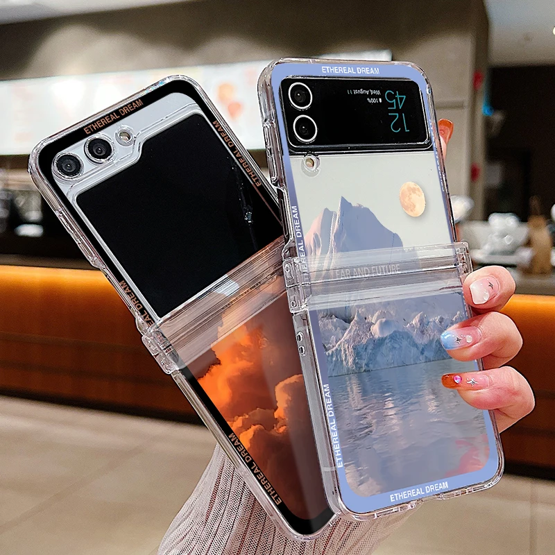 

Landscape Pattern Clear Phone Case For Samsung Galaxy Z Flip 6 5 4 3 5G Shockproof Hard PC Folding Cover For Samsung Z Flip4