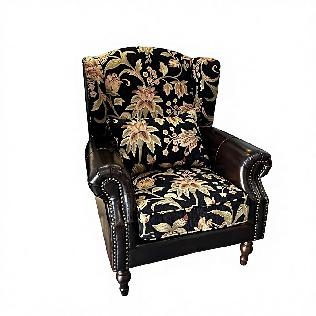 #Flower Tiger Chair French Retro Style Genuine Leather Stitching High Back Casual Living Room Single Sofa Handrail Home Furnitur