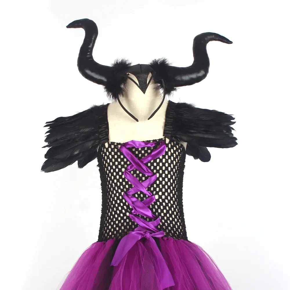 Kinder-Federkleid mit Schulterverzierungen, Gothisches Kleid für Mädchen, Lila-Schwarzes Netz-Tüllkleid für Halloween-Verkleidungspartys – Detail 13
