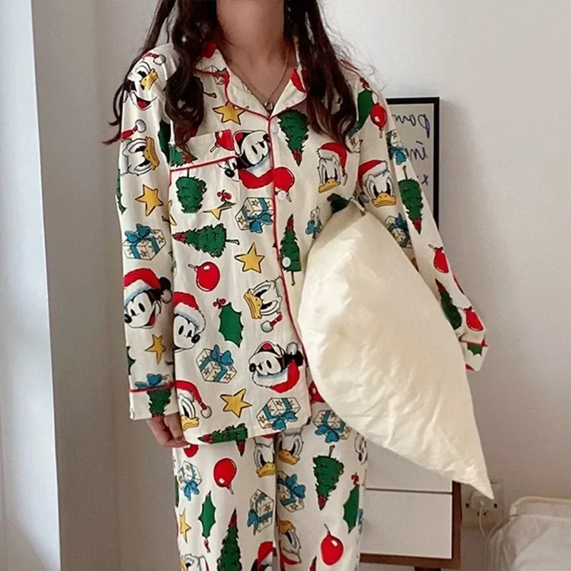 Disney Mickey Cartoon Long-sleeved Pajamas Two-piece Set Christmas Couples Dormitory Students Home Clothes Girls Gifts perimeter