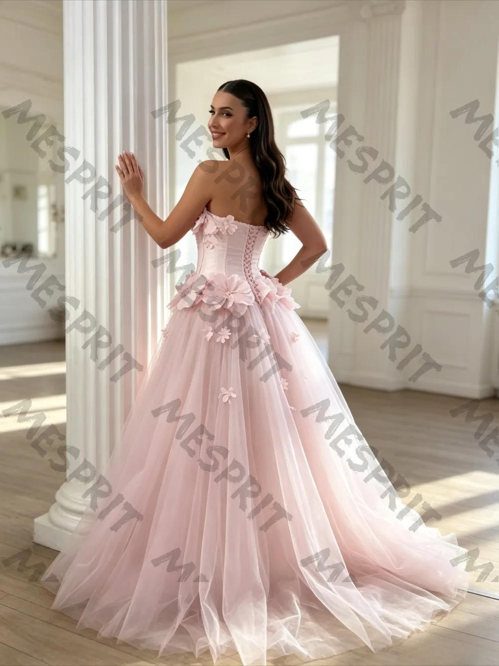 Customized Pink Strapless A-line Mesh Party Dresses with 3D Three-dimensional Flower Brush Trailing Saudi Style Evening Gowns