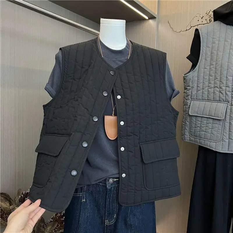 Women's 2026 Autumn Winter Loose Round Neck Lightweight Quilted Padded Vest Outerwear Thick Warm Elegant Chic Coquette Trendy