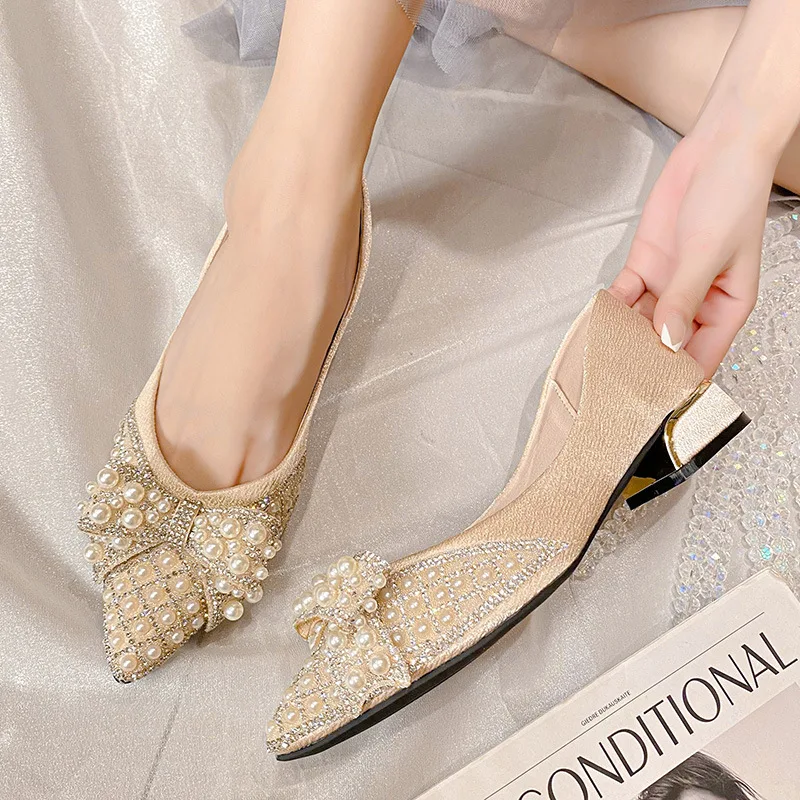 

2025 hot seller New Butterfly Knot Thick Heel Pointed Single Shoes, Mid Heel Versatile Pearl Water Diamond Silk Women's Shoes