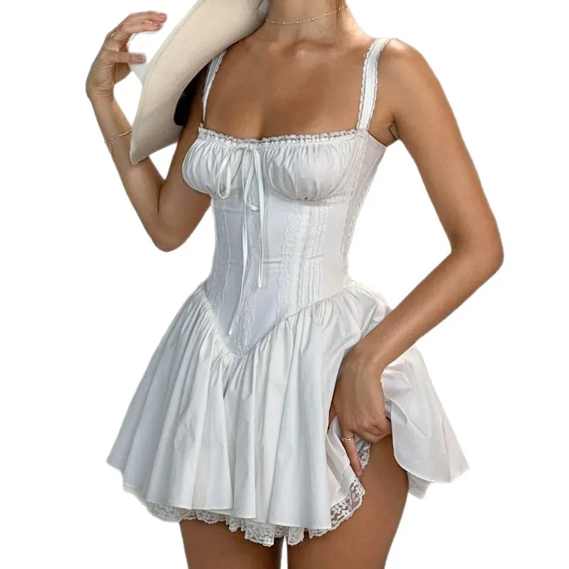 Vestido E de Cintura Alta em Estilo Americano, Vestido Sem Mangas com Top Tubo e Renda, Saia de Ballet Média e Espa