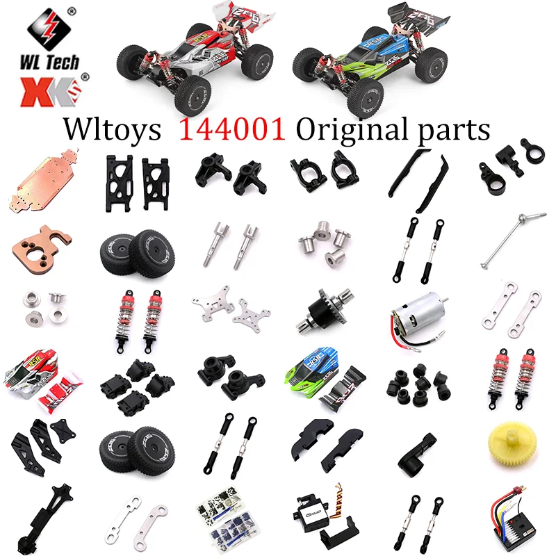 WLtoys144001 Braço Oscilante, Copo de Direção, Haste de Tração, Caixa do Amortecedor, Eixo de Transmissão, Motor, ESC, Pneu, Amortecedor, Peça