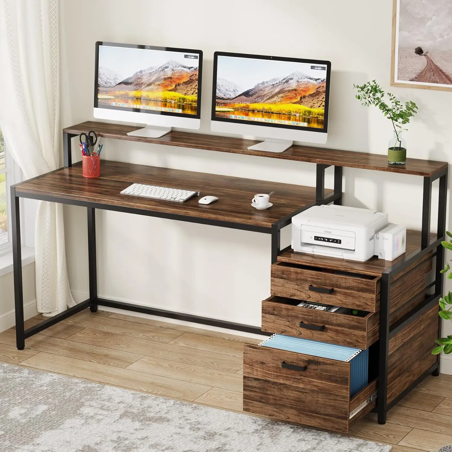 Escritorio para computadora de 63 pulgadas con cajón para archivos, escritorio de oficina ergonómico con soporte para monitor, mesa para computadora industrial con impresora