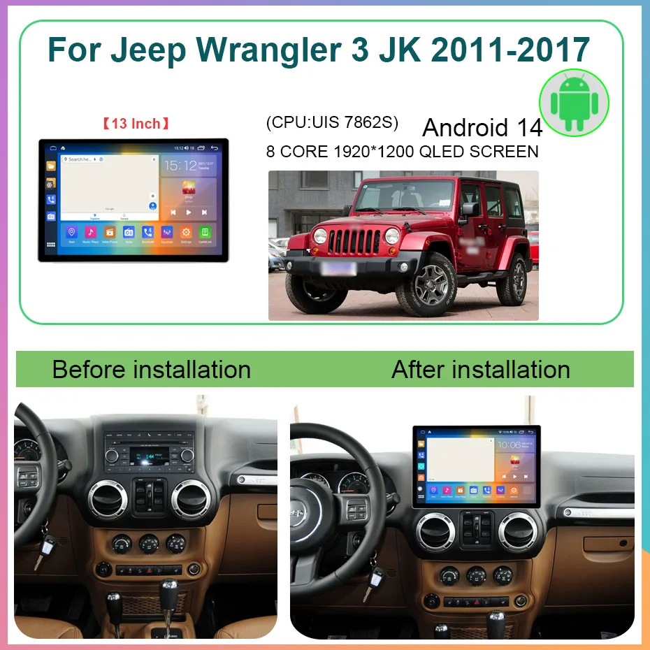 Android 14 8+256GB 13 INCH 2K Screen Car Radio For Jeep Wrangler 3 JK 2010-2018 GPS Multimedia Player Carplay GPS Stereo 4G