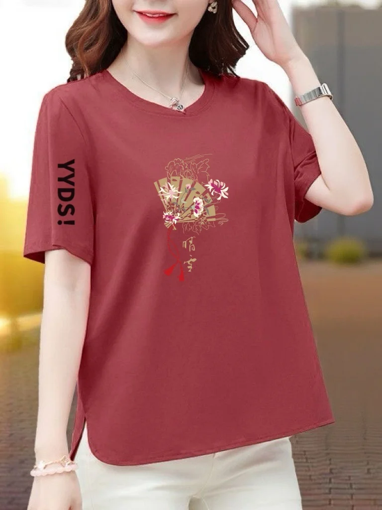 

Elegant Loose Short Sleeve T-Shirt Women's Middle-Aged Mom Style Printed Knot Casual Top plus Size Comfortable Polyester