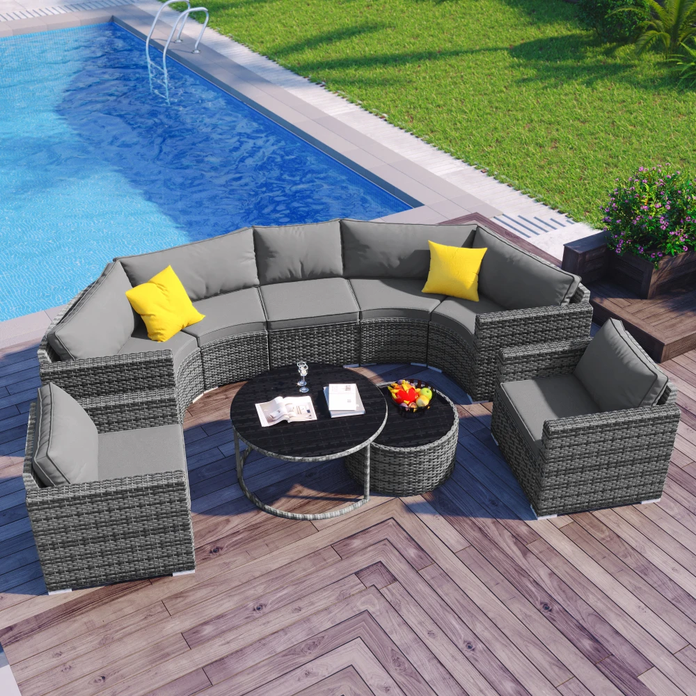 

9-Pieces Outdoor Half-moon Patio Sofa Set, Round Sofa Set, Modern Style Sofa, Gray Wicker