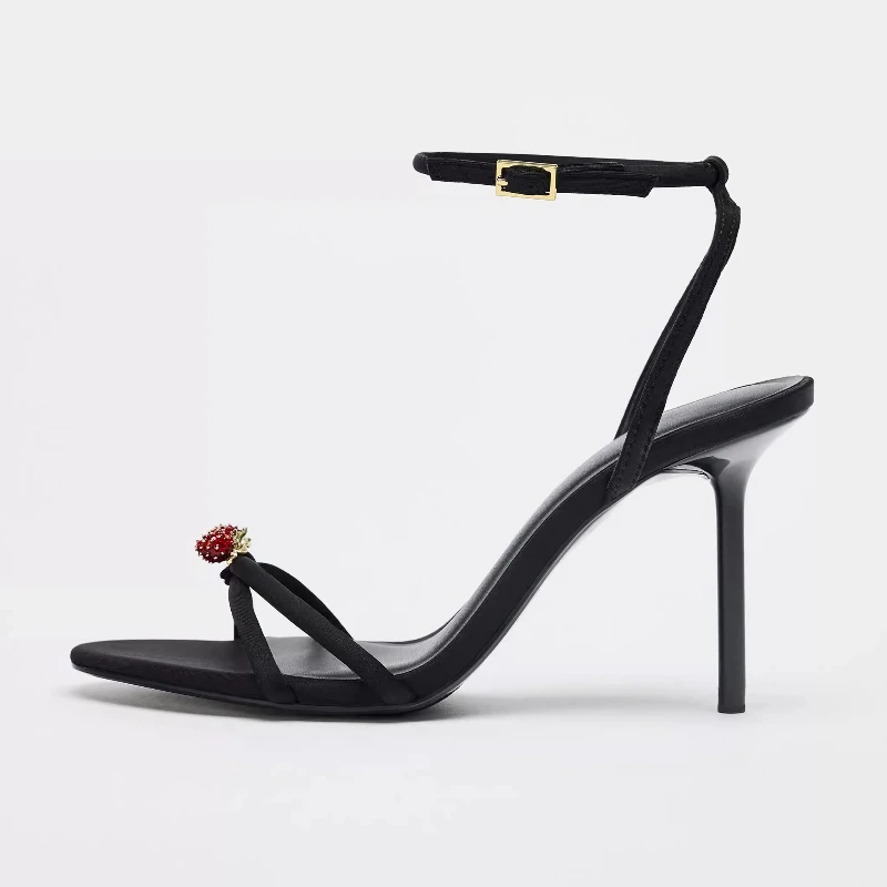 الفاخرة كريستال الفراولة تزيين صنادل عالية الكعب المرأة مثير المفتوحة تو عبر حزام أحذية مصممين أنيقة مأدبة فستان الأحذية