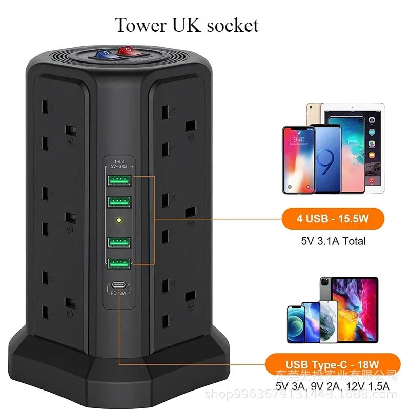 UK Tower Socket with USB Power Plug-in Board Supports PD Fast Charging Desktop Porous Socket Household Lightning Protection