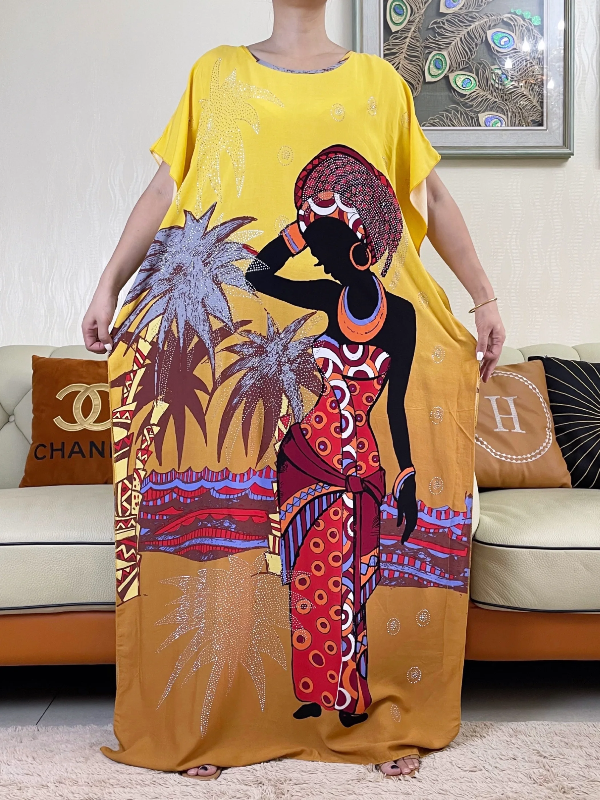 2023African Women\'s Summer Dress With Big Scarf Diamond Cotton Abaya Printed Fabric Muslim Femme Maxi Casual Outfit