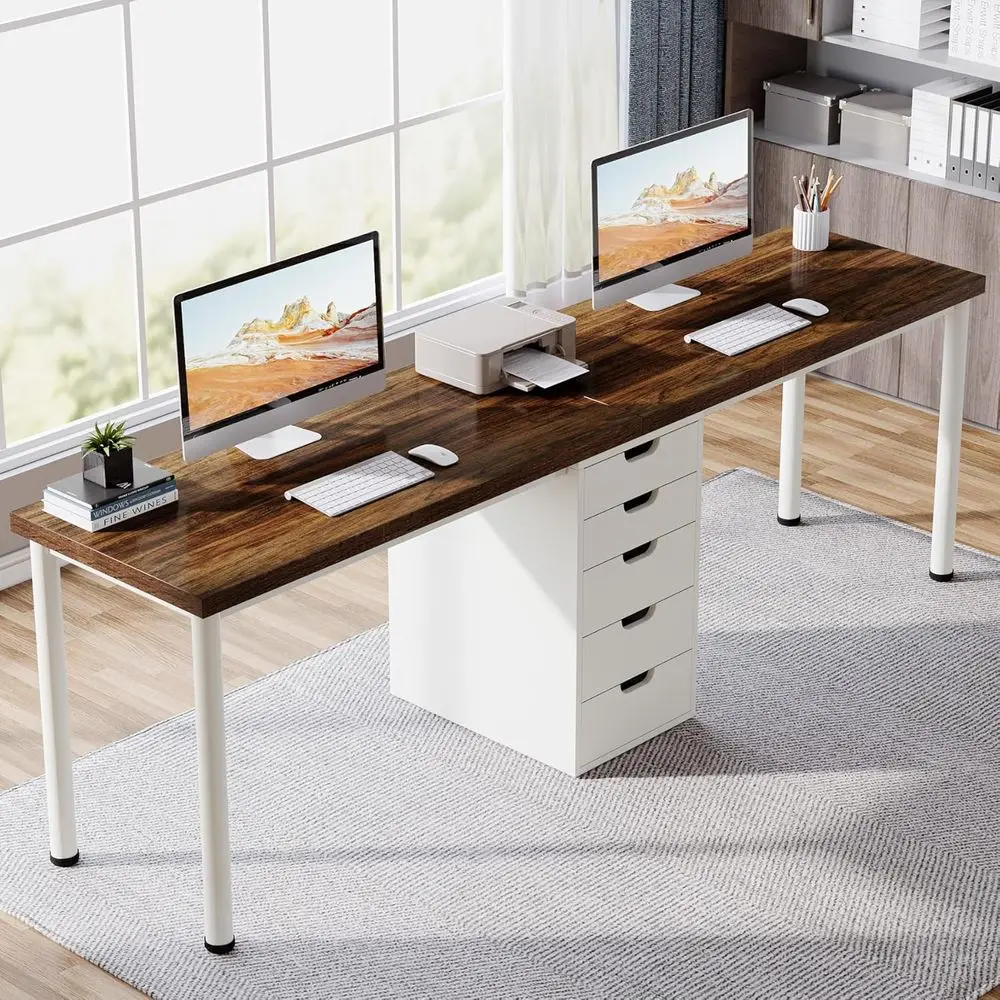 Two Person Computer Desk with 5 Drawers, 78.7 Inches Extra Long Double Office Desk, Modern Simple Double Computer Customized
