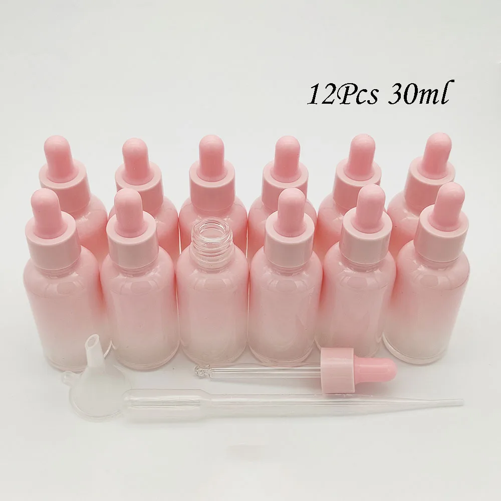 12 Pack 30ml Pink Dropper Bottle With Glass Pipette Empty Glass Essential Oil Bottle for Essential Oils Perfumes Aromatherapy